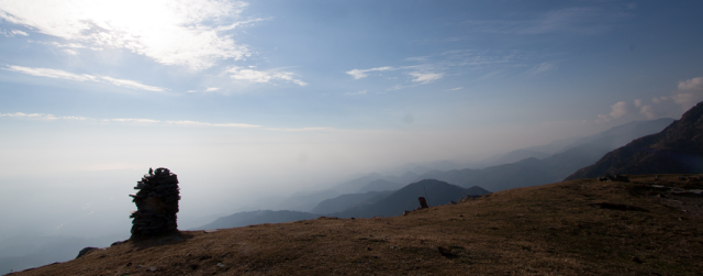 The Himalayan mountains meet the lower Indian plains. At Triund, Dharamshala, India